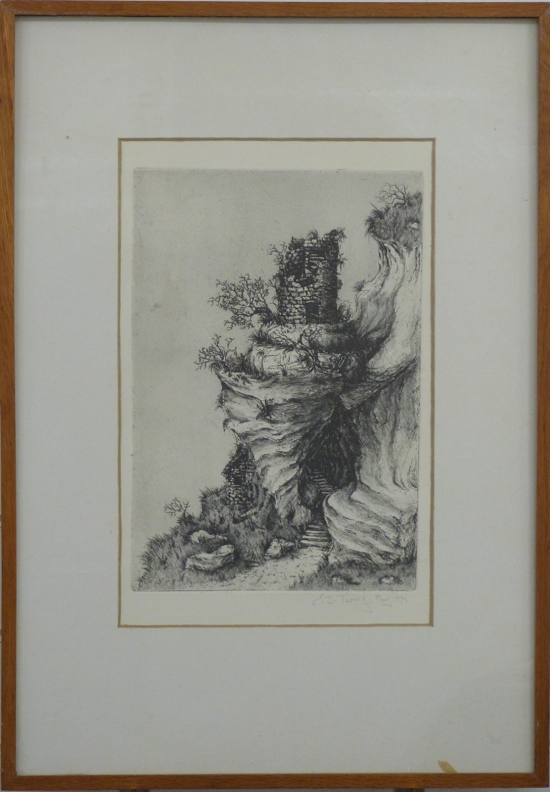 E J Tarry signed etching, pathway and steps into a ruin, possibly Cornish tin mine, signed and dated - Image 2 of 4