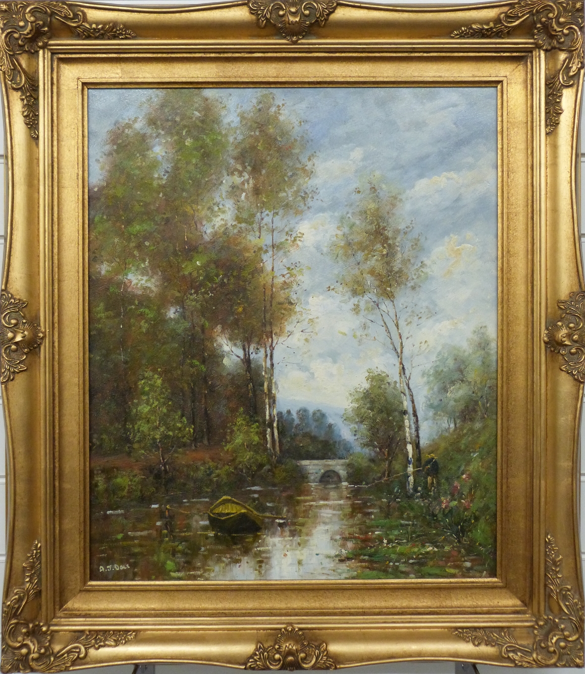 A J Dale oil on canvas of a river scene with boat, signed lower left, 59.5 x 50cm - Image 2 of 4