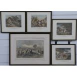 Coloured etching Magpie Hawking, 23 x 34cm and a set of four hunting engravings by E.Bell painted by