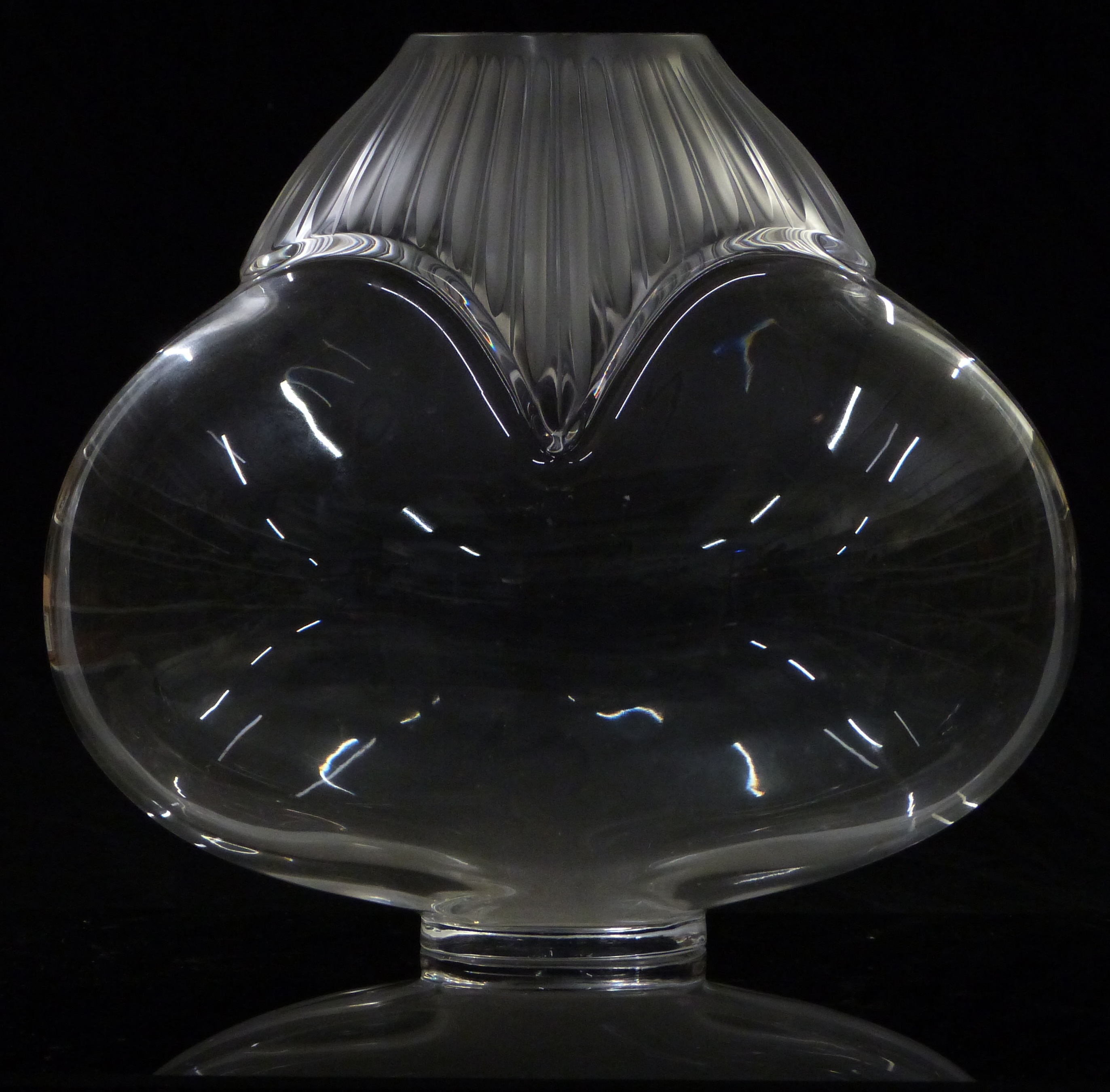 Lalique Come clear and frosted glass vase, signed Lalique France to base, 27cm tall, 30cm wide, with