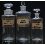 Three chemists/ pharmacy glass apothecary bottles with gilt labels including Acid Sulph Ar and