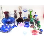 Twenty-eight pieces of coloured glassware including Bristol blue bowl, bells, opaline goblet,