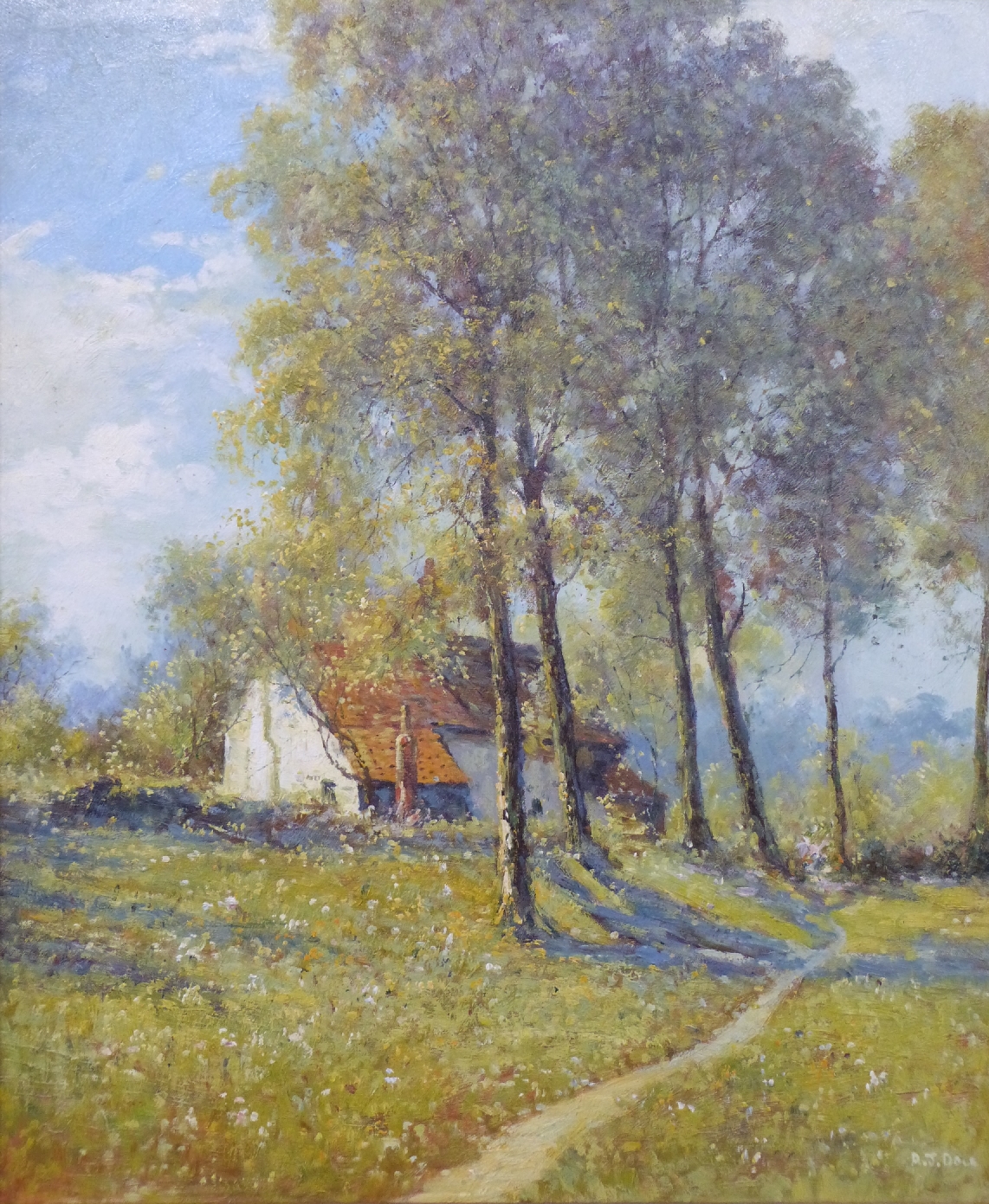 A J Dale oil on canvas of a path to a cottage, signed lower left, 56 x 49.5cm