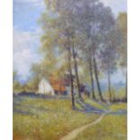 A J Dale oil on canvas of a path to a cottage, signed lower left, 56 x 49.5cm