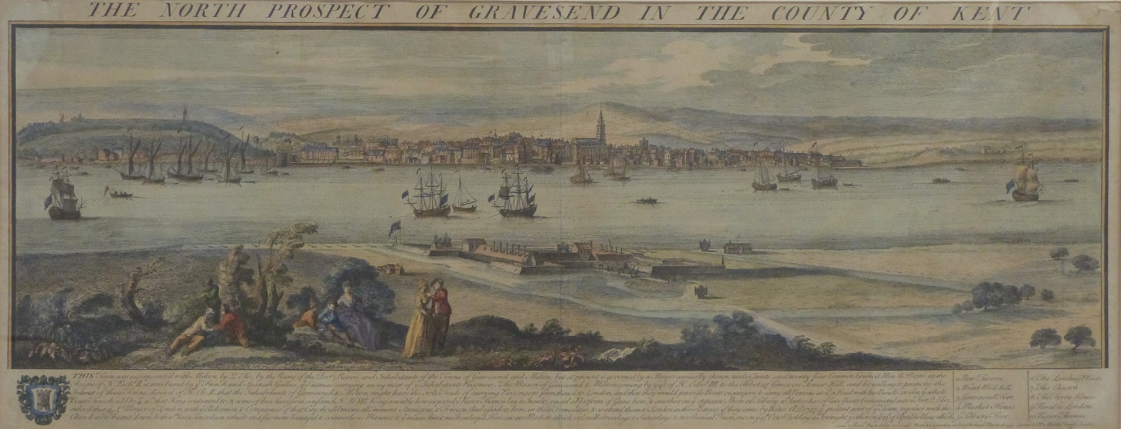 An 18thC coloured engraving The North Prospect of Gravesend in The County of Kent by Samuel and