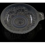 French Lalique style clear glass pin dish with architectural decoration around central spiral,