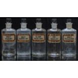 A set of five chemists/ pharmacy glass apothecary bottles with gilt labels including Mist Diarrh Inf