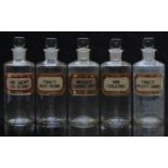 A set of five chemists/ pharmacy glass apothecary bottles with gilt labels including Vin Colchi