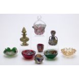 Nine Murano style glass dishes, vases and baskets including some with millefiori decoration and