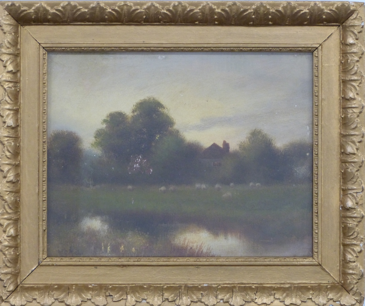 19thC impressionist oil on board of a pastoral scene with sheep and cottage beyond, indistinctly - Image 2 of 4