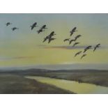 Peter Scott signed print 'Morning Flight over the Marsh Pink Feet', 39 x 55cm