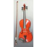 Viva handmade full size 20thC violin in flame lacquered finish, labelled by 'Guvnor' no VM1004, 35cm