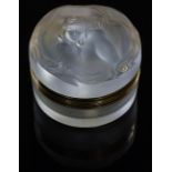 Lalique Daphne circular hinged glass powder pot with gilt metal mounts and original label, signed