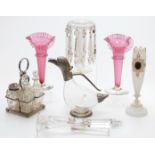 Seven pieces of coloured and clear glassware comprising a novelty silver plate mounted water jug