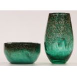 Two pieces of Strathearn glass both with green and black mottled ground and aventurine flecks, one a