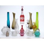 Sixteen pieces of clear and coloured glassware including a dimple decanter with Danish silver