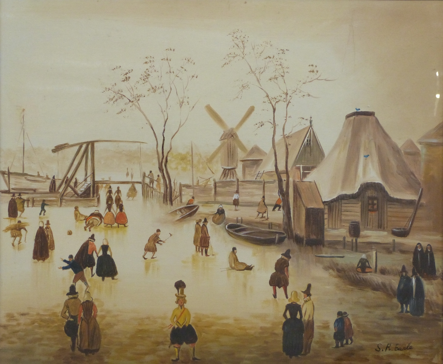 S R Earle or Eazle oil on canvas Dutch winter scene with figures on a frozen canal with buildings