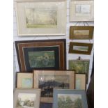 A collection of prints, watercolours and engravings including watercolours of Nuneham Mansion by