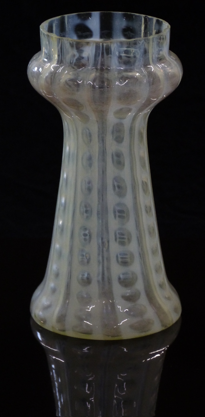 Vaseline or straw opal glass hyacinth vase with circular and striped decoration, possibly James