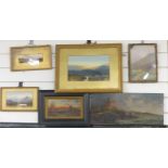 A collection of Edwardian watercolours including oil on canvas of sailing ship beyond St Mawes