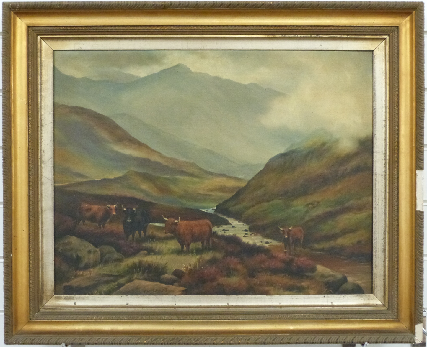 Pair of early 20thC oil on canvas Highland cattle by streams with mountains beyond, monogrammed - Image 7 of 9