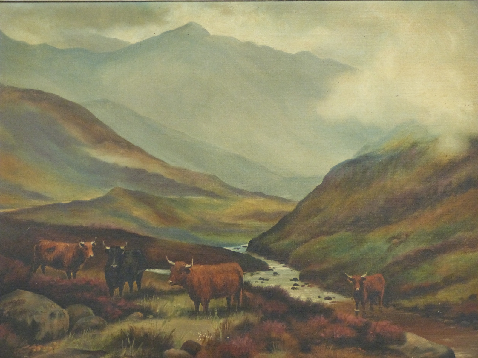 Pair of early 20thC oil on canvas Highland cattle by streams with mountains beyond, monogrammed - Image 6 of 9