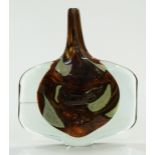 Mdina glass axe head vase with tiger style internal decoration and clear casing, signed to base,