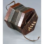 German late 19th/early 20thC Anglo concertina with wooden fretwork ends, bone buttons, embossed