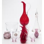 Eleven pieces of clear and coloured glassware including Whitefriars graduated ruby jugs,