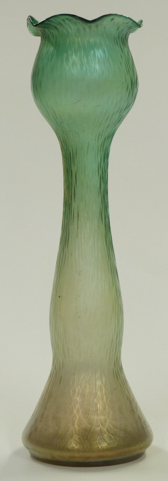 Loetz Papillon type iridescent glass double gourd vase with flared rim, 34cm tall.