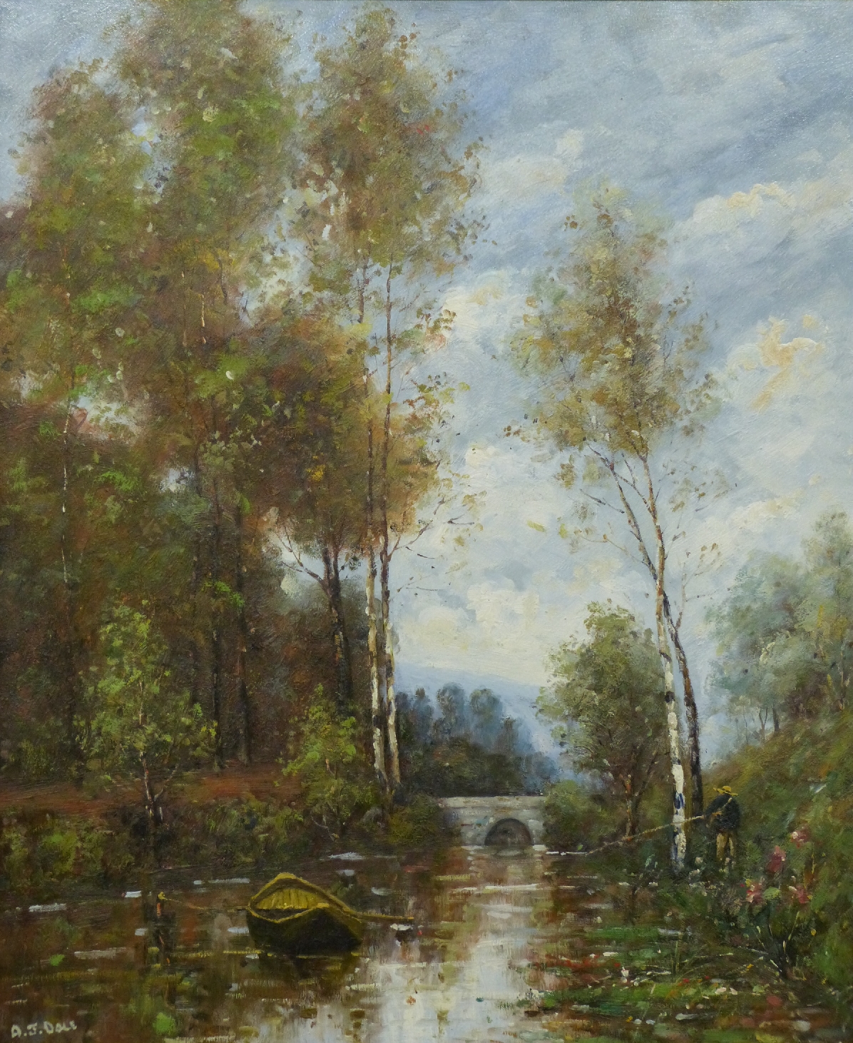 A J Dale oil on canvas of a river scene with boat, signed lower left, 59.5 x 50cm