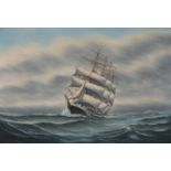 Oil on canvas of four masted ship under full sail, indistinctly signed lower Bergstromm, 65 x 95cm