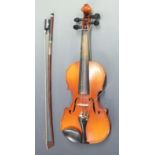 Suzuki child's violin with 23.5cm one piece back, 1/10 size, 1982 to label, with bow stamped
