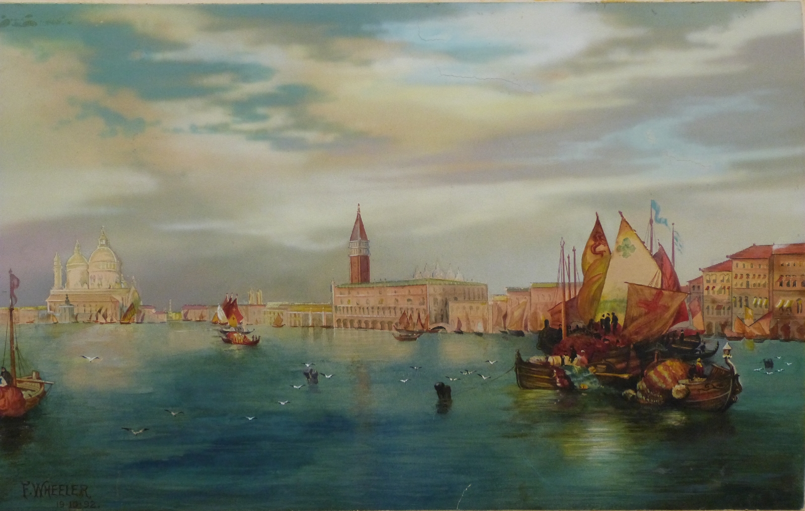 F.Wheeler Victorian watercolour Venetian scene with St.Mark's from the canal, signed and dated 19.