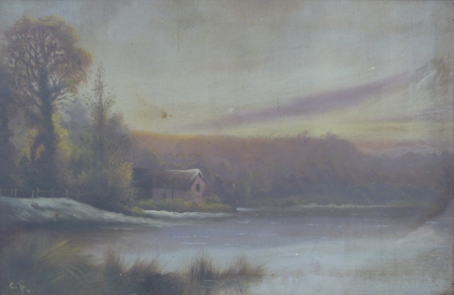 Victorian oil on canvas of a house by a lake, initialed CF lower left, in ornate gilt frame