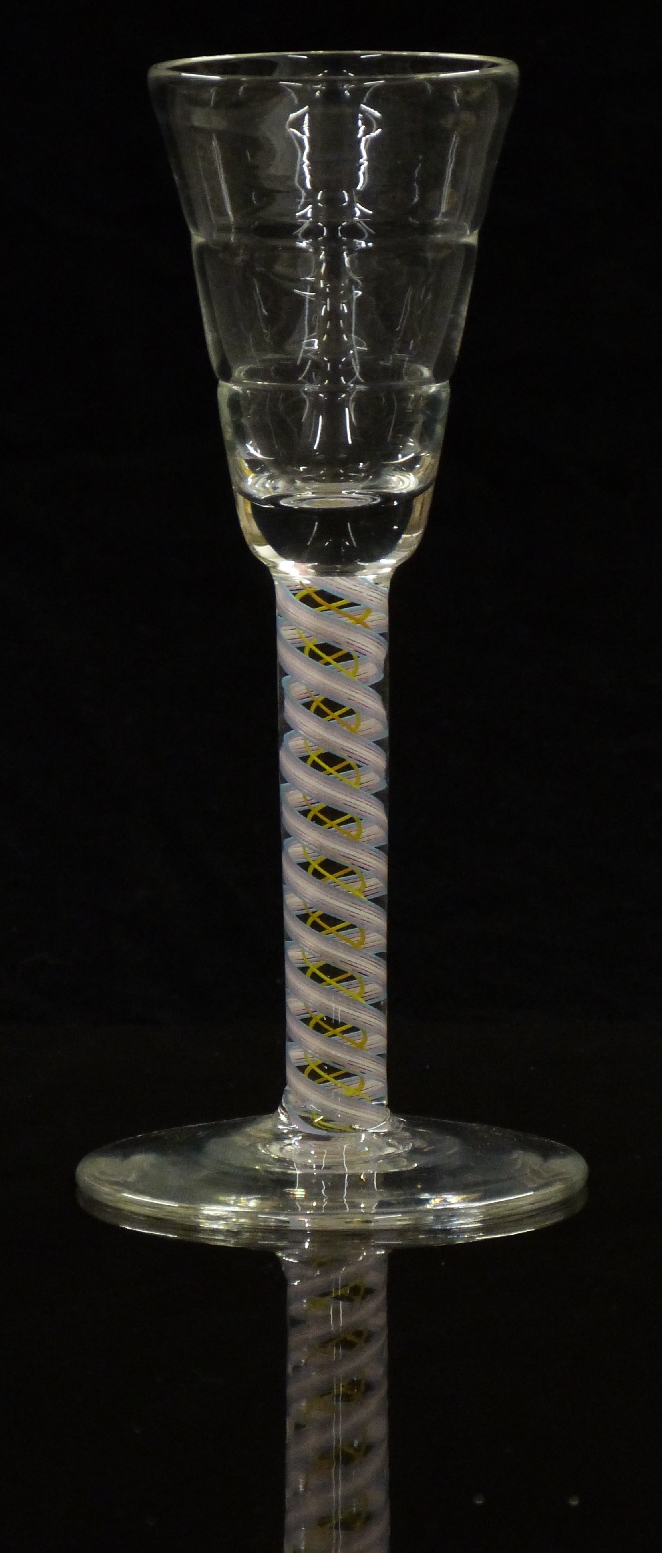 Mike Hunter Twists Glass clear drinking glass with blue, white and pink spiralling surrounding