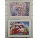 Two signed limited edition Oxo prints, each 38 x 54cm, one an Oxo oil rig the other a cityscape