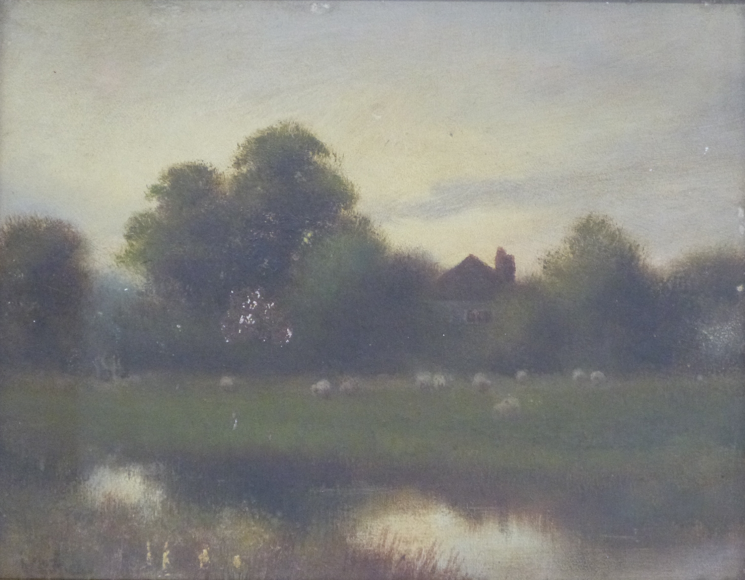 19thC impressionist oil on board of a pastoral scene with sheep and cottage beyond, indistinctly