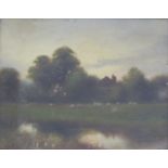 19thC impressionist oil on board of a pastoral scene with sheep and cottage beyond, indistinctly