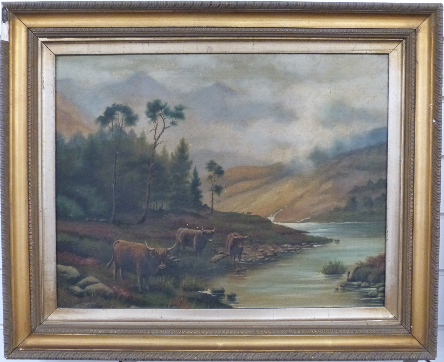Pair of early 20thC oil on canvas Highland cattle by streams with mountains beyond, monogrammed - Image 3 of 9