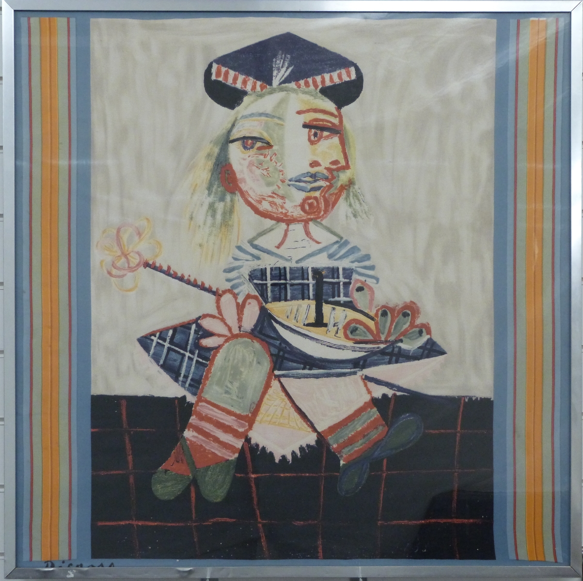 Picasso silk scarf with Northumbria/ Scottish piper decoration, framed and glazed, 90 x 80cm - Image 2 of 3