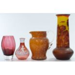 Four glass three glass vases comprising a Galle style cameo glass vases with red decoration of trees