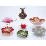 Seven Murano /Venetian style bowls, baskets and jugs, some with aventurine and millefiori