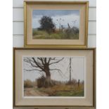 Two Pamela Derry acrylics countryside scenes, one titled 'Winter's Day in Sussex', larger 28 x 44cm