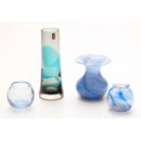 Geoffrey Baxter for Whitefriars streaky glass vase, 22cm tall, together with three blue glass vases.