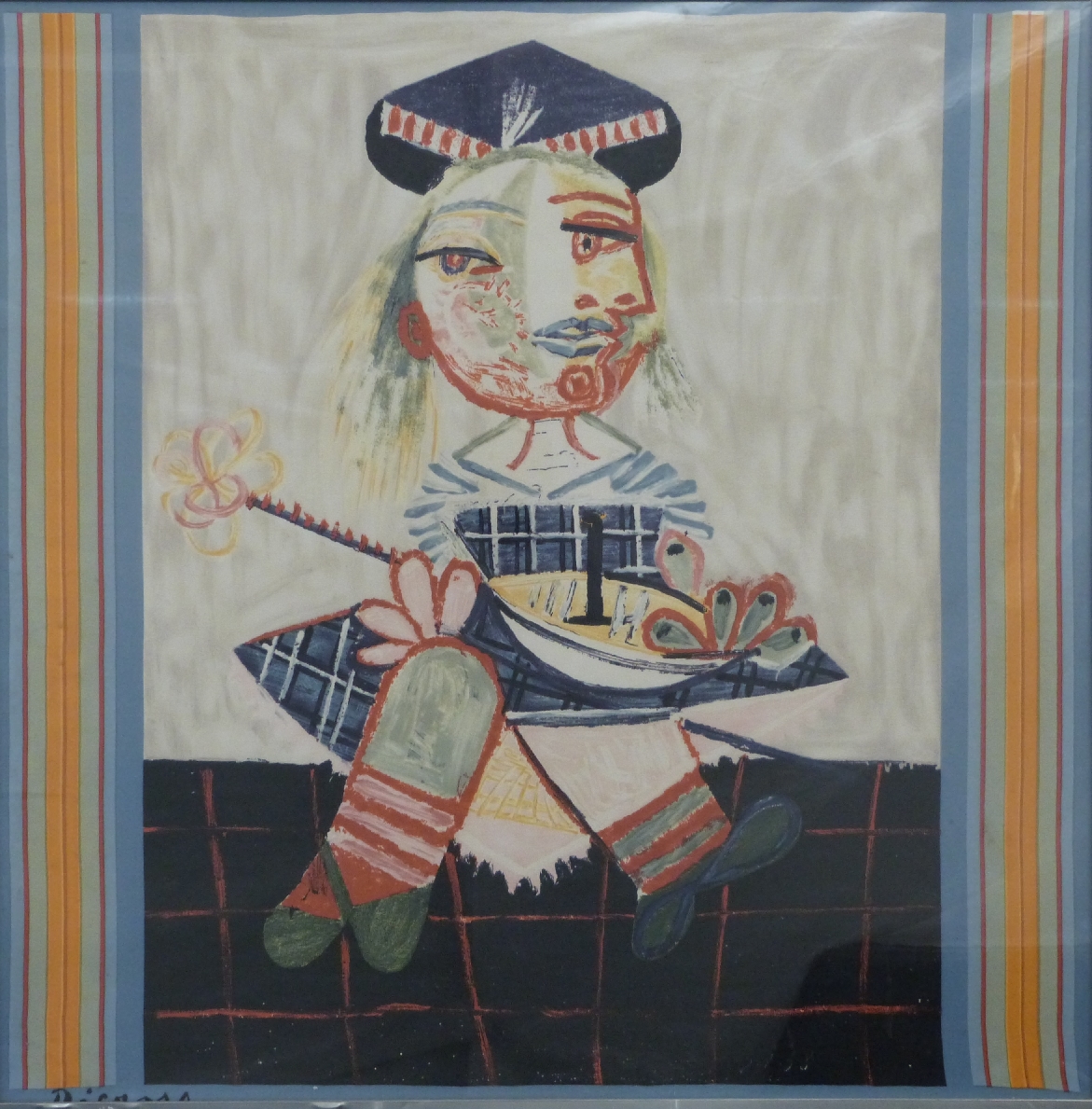 Picasso silk scarf with Northumbria/ Scottish piper decoration, framed and glazed, 90 x 80cm