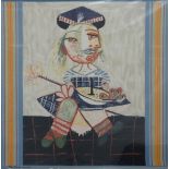 Picasso silk scarf with Northumbria/ Scottish piper decoration, framed and glazed, 90 x 80cm