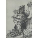 E J Tarry signed etching, pathway and steps into a ruin, possibly Cornish tin mine, signed and dated