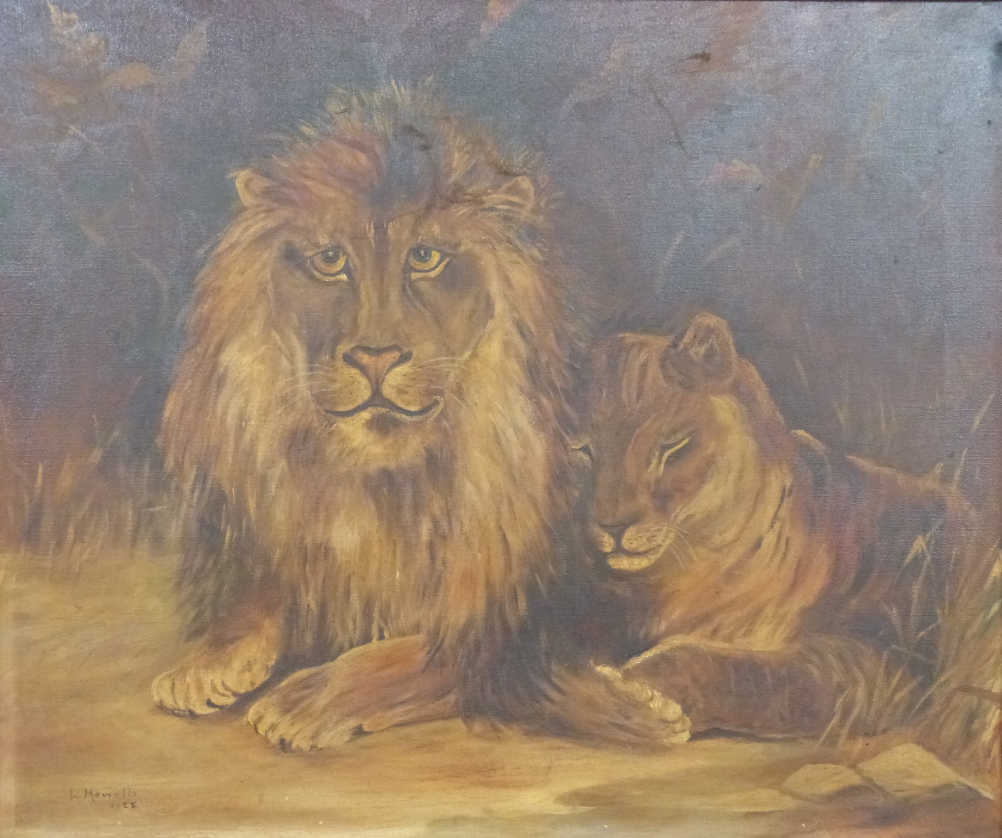 L.Howells oil on canvas of a lion and lioness signed and dated 1928 lower left, 64 x 76cm