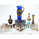 Six Venetian style coloured and gilt glass drinking sets, one with enamelled decoration of a hunting